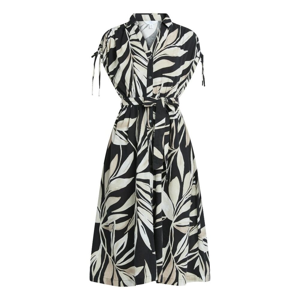 Time and Tru Women's Midi Shirtdress Black Tan Tropical Hawaii Print Size 22L-XL